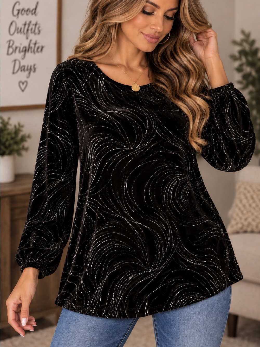 Briggs Petite Large Classic Black Velvet Sparkle Womens Top